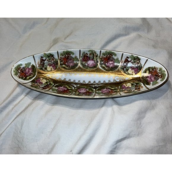 Vintage Royal Vienna Relish Dish Gold Beehive Elongated Bowl Courting Couple - Picture 5 of 5